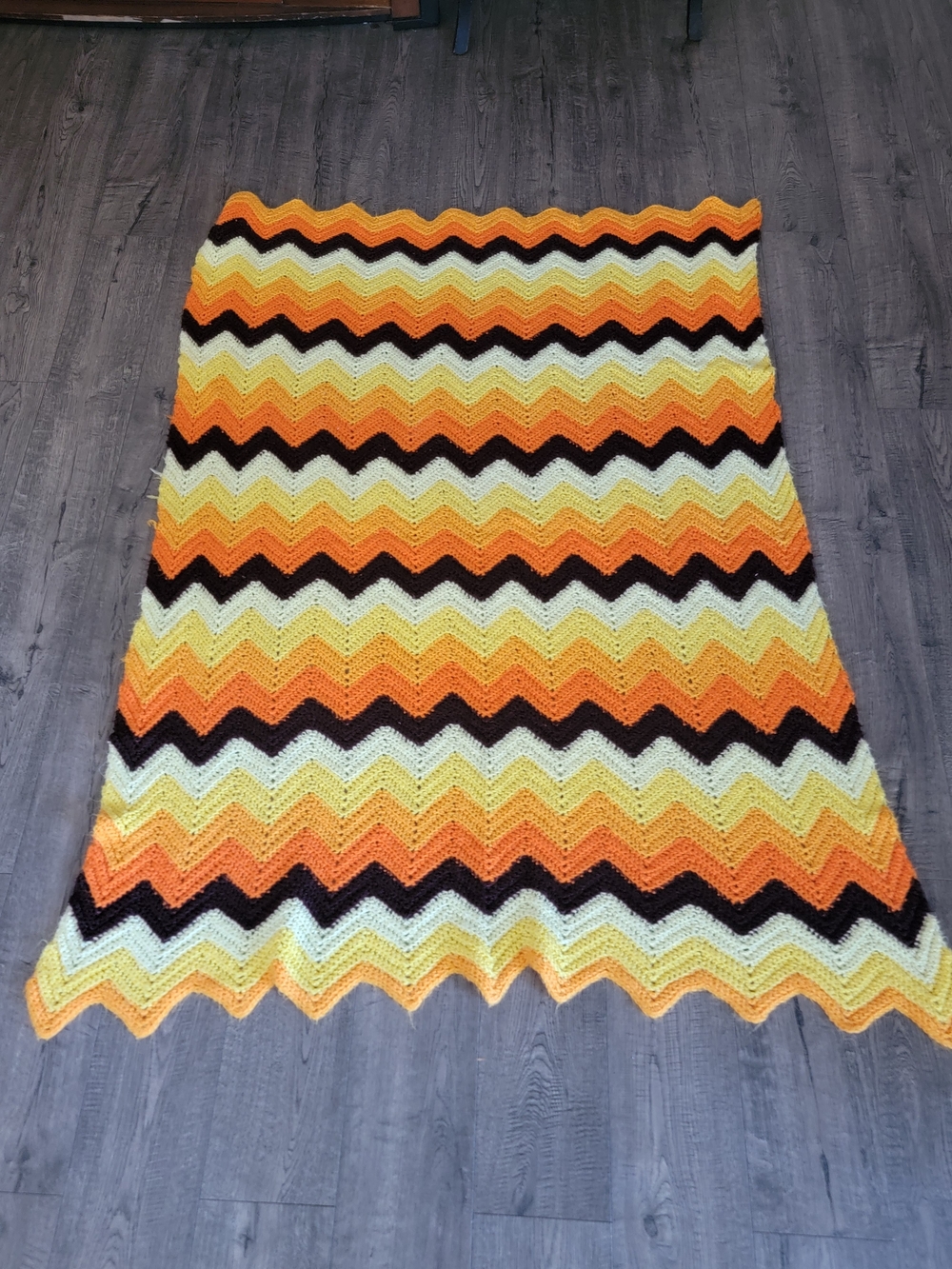 Handmade Chevron Crochet Blanket in Orange, Yellow, Cream & Black